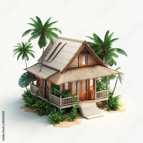 ai generated illustration of wooden malay tropical house with palm tree