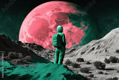Generative AI illustration back view of cosmonaut in spacesuit sitting on planet near rocky formations against big pink moon