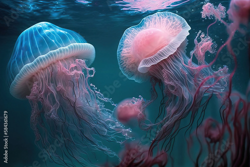 Generative AI illustration of pink transparent jellyfishes swimming underwater of blue sea with bubbles