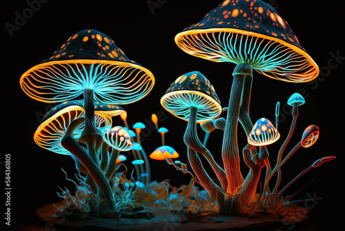 Generative AI illustration of colorful psychedelic fluorescent neon magic mushrooms growing against black background photo