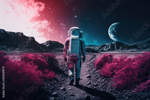 Generative AI illustration full body back view of astronaut in spacesuit walking through dry pink plants on dark planet against crescent moon in night sky with colorful illumination photo