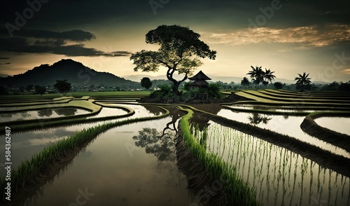 a landscape of rice fields with a tree in the middle. generative ai