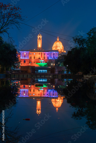 The Rashtrapati Bhavan, the Presidential palace in New Delhi, India, beautiful night view photo