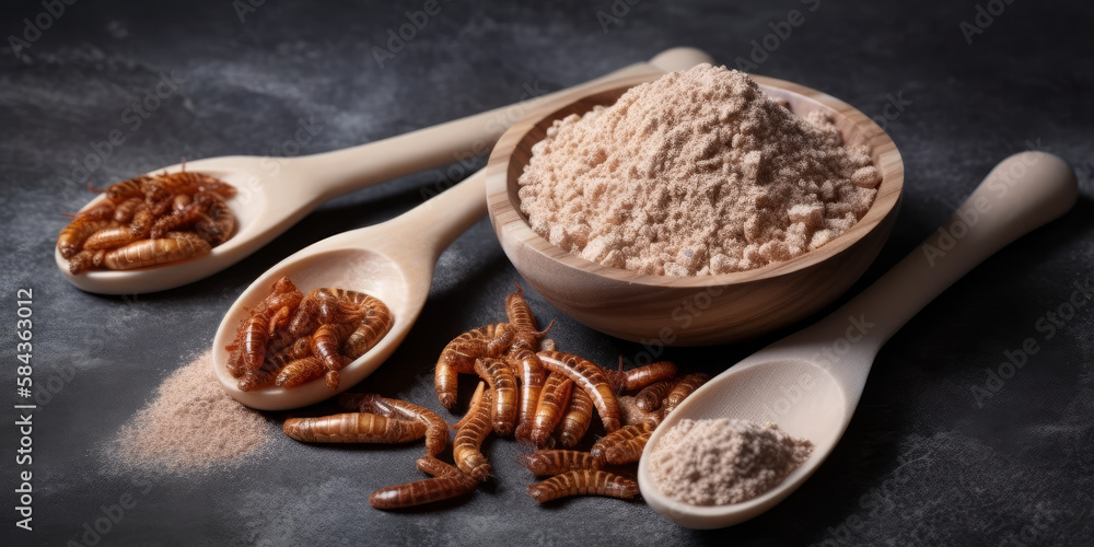 Edible mealworms and flour in a wooden spoons on grey granite table