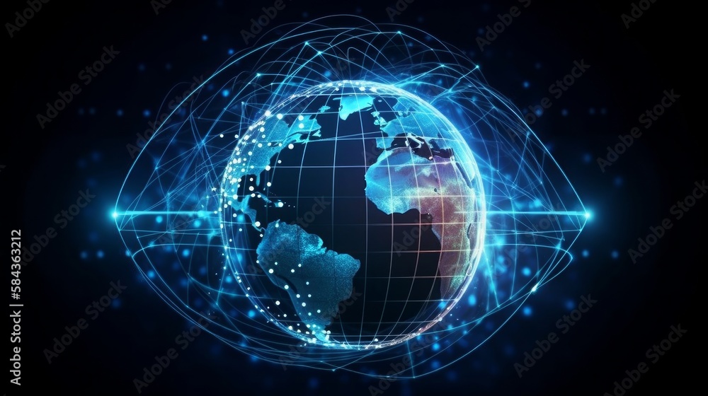 Obraz premium Communication technology global world network concept. Connection lines Around Earth Globe, Motion of digital data flow. Futuristic Technology Theme Background with Light Effect (ai generated) 