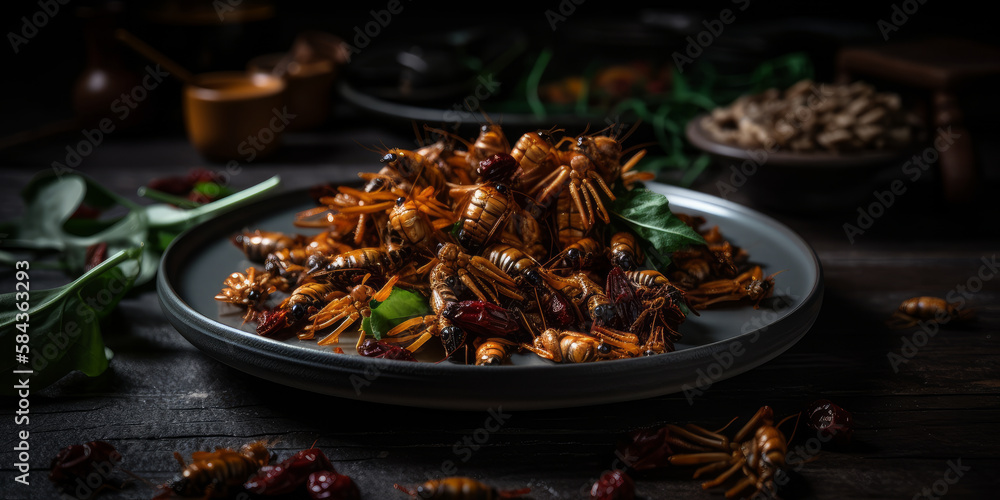 On a dish, fried tasty insects. As a snack, crickets are a wonderful source of protein. Concept of entophagy and insectivory. Novel food. - Generative AI On a dish, fried tasty insects. As a snack, crickets are a wonderful source of protein. Concept of entophagy and insectivory. Novel food. - Generative AI