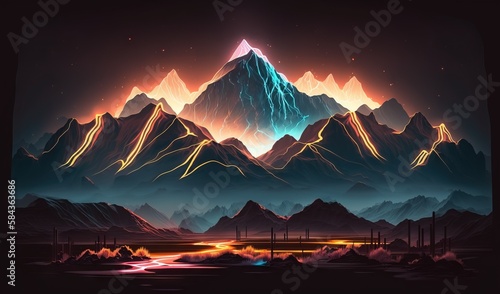  a digital painting of a mountain range with a bright glow. generative ai