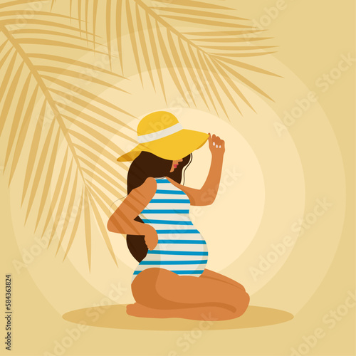Banner with pregnant woman in a summer swimsuit, future mom hugging belly with arms. Flat vector illustration. Happy Mother's Day.