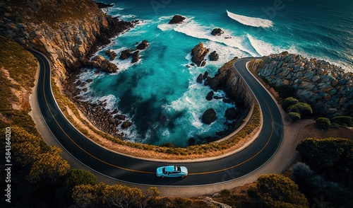  an aerial view of a road near the ocean with a truck driving on it. generative ai