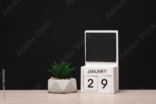 White wooden block monthly calendar with the date january 29 and decorative plant on the table, black blackbackground. Planning