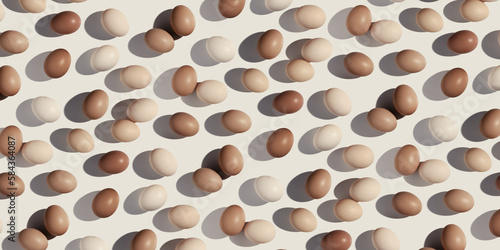 Easter eggs monochrome pattern with gradient colored eggshell, hard Shadow at sunlight, trend beige banner background. Chicken eggs layout, top view, minimal flat lay, holiday food still life
