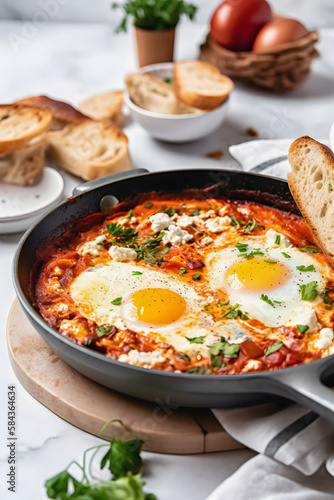 Shakshuka in a Frying Pan. Eggs Poached in Spicy Tomato Pepper Sauce. Ai generated