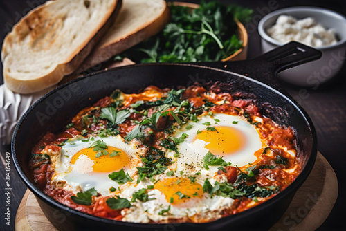 Shakshuka in a Frying Pan. Eggs Poached in Spicy Tomato Pepper Sauce. Ai generated