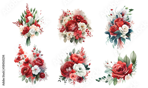 Watercolor Set of floral branch. Flower burgundy, purple rose, green leaves. Wedding concept with flowers. Vector arrangements for greeting card or invitation design isolated on white background