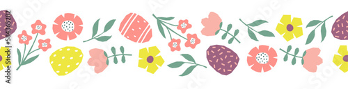 Seamless border with hand drawn Easter eggs, flowers and leaves. Cutout colorful plants and eggs on white background.