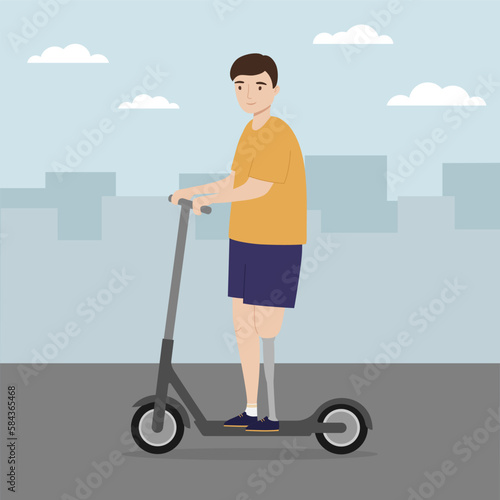 Young man with a prosthetic leg riding electric scooter in the city. Handicapped person