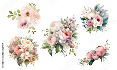 Set of floral branch. Flower pink rose, green leaves. Wedding concept with flowers. Floral poster, invite. Vector arrangements for greeting card or invitation design