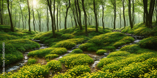 Illustration of spring forest. Landscape with trees with green leaves, grass, flowers, small streams, rays of the sun breaking through the crowns. Background with pristine nature. Generative AI