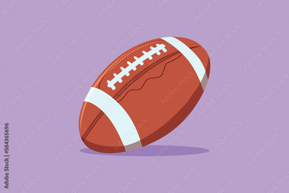 Cartoon flat style drawing American football ball. Rugby sport. Stylized American football logo icon symbol. Brown color with white negative space stripes, stitches. Graphic design vector illustration Cartoon flat style drawing American football ball. Rugby sport. Stylized American football logo icon symbol. Brown color with white negative space stripes, stitches. Graphic design vector illustration