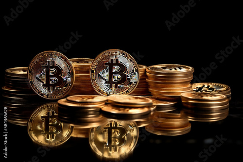 A Stack of Gold Bitcoins, on a black background