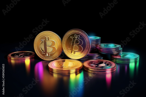 Stack of Gold Bitcoins with Colourful Shadows, on a black background