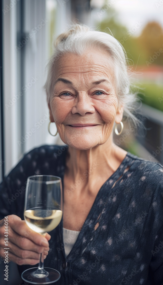 Happy senior woman enjoying life, drinking a glass of wine in the sun Happy senior woman enjoying life, drinking a glass of wine in the sun