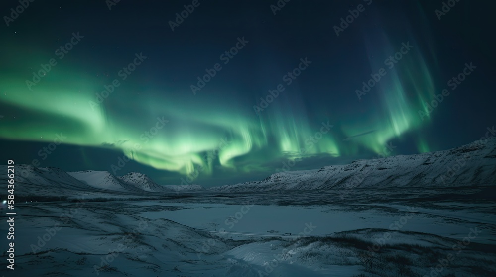 Northern Lights above waters edge. Northern Lights on the night sky. Generative Ai