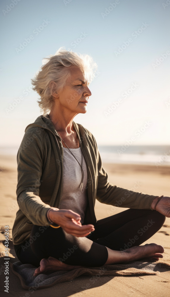 Beautiful senior woman with an elderly but helathy look doing meditation
