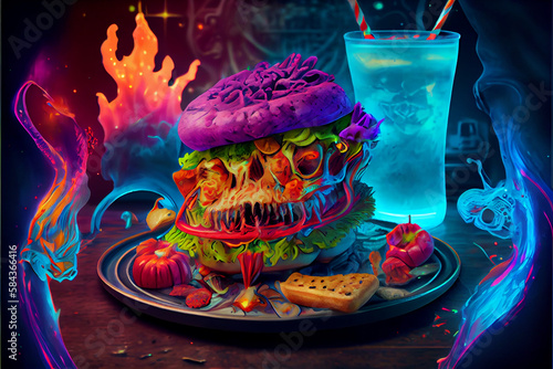 Wallpaper Mural neon skull with a flower and burger fries Torontodigital.ca