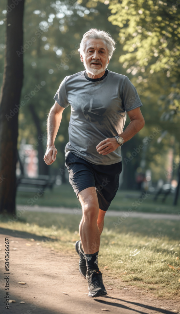 Fresh and healthy elderly senior man with a positive lifestyle, jogging in the park. AI Generated Fresh and healthy elderly senior man with a positive lifestyle, jogging in the park. AI Generated