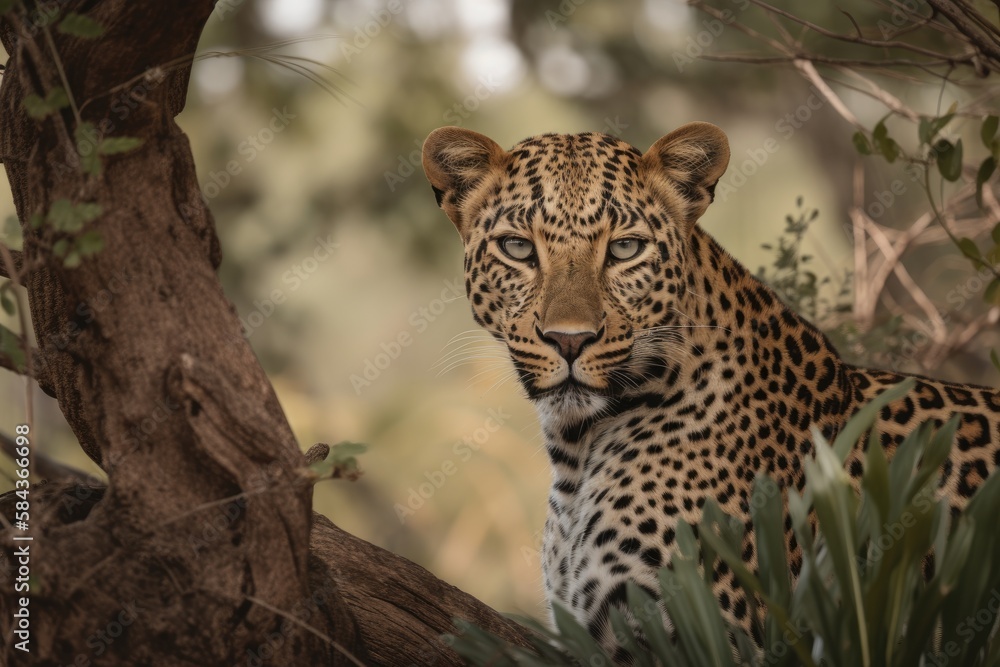 Close up young leopard portrait. Close up beautiful angry big leopard in forest. Generative Ai Close up young leopard portrait. Close up beautiful angry big leopard in forest. Generative Ai