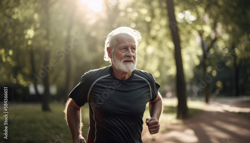 Fresh and healthy elderly senior man with a positive lifestyle, jogging in the park. AI Generated
