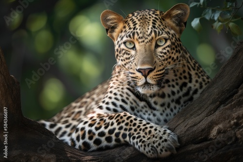 Close up young leopard portrait. Close up beautiful angry big leopard in forest. Generative Ai