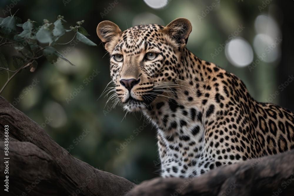 Close up young leopard portrait. Close up beautiful angry big leopard in forest. Generative Ai Close up young leopard portrait. Close up beautiful angry big leopard in forest. Generative Ai