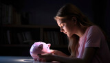 Private economy concept with a cute young girl counting her money from a piggy bank