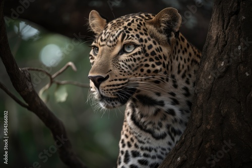 Close up young leopard portrait. Close up beautiful angry big leopard in forest. Generative Ai © Kowit