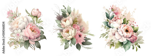 Set of floral branch. Flower pink rose, green leaves. Wedding concept with flowers. Floral poster, invite. Vector arrangements for greeting card or invitation design