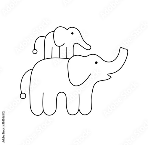 Vector isolated cute cartoon two elephants family big elephant with baby elephant standing on top of another eleohant colorless black and white contour line easy drawing