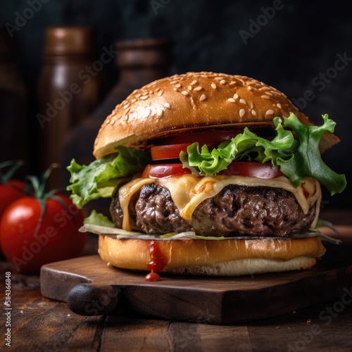 Beef burgers on wooden plate. fresh tasty burger on black background. delicious homemade burgers of beef, cheese and vegetables on an old wooden table. Fat unhealthy food close-up. Generative Ai.