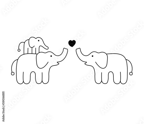 Vector isolated cute cartoon funny elephants family elephant father mother baby colorless black and white contour line easy drawing