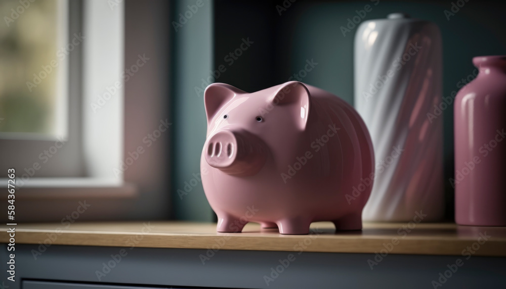 Economy savings concept. Cute pink piggy bank standing in a moody light. AI Generated Economy savings concept. Cute pink piggy bank standing in a moody light. AI Generated
