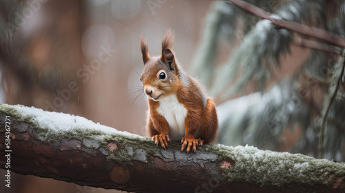 red squirrel on a tree. Generative AI image. © Ilona