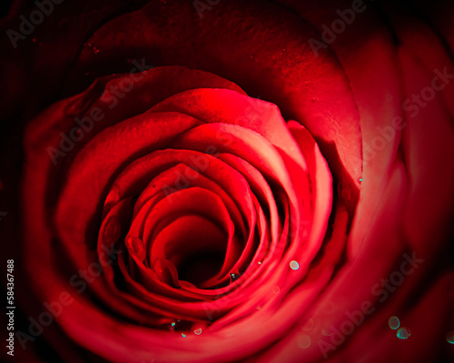 A close-up photo of the top of a red rose with water droplets.