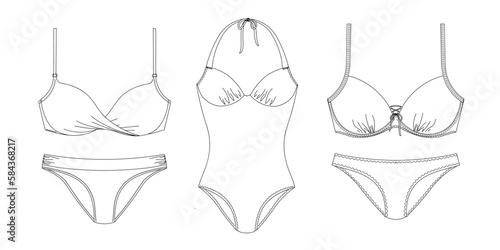"Woman sustainable swimwear, technical drawing, template, sketch, flat, mock up. Recycled PA, Recycled PES, Lycra fabric swimwear front view, white color"	
