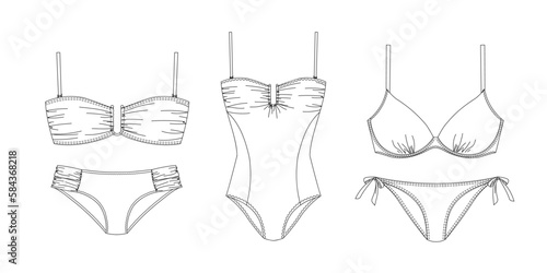 "Woman sustainable swimwear, technical drawing, template, sketch, flat, mock up. Recycled PA, Recycled PES, Lycra fabric swimwear front view, white color"	
