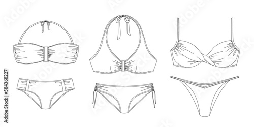 "Woman sustainable swimwear, technical drawing, template, sketch, flat, mock up. Recycled PA, Recycled PES, Lycra fabric swimwear front view, white color" 
