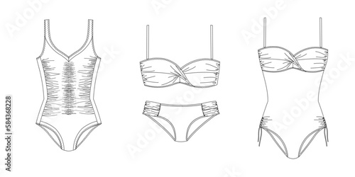 "Woman sustainable swimwear, technical drawing, template, sketch, flat, mock up. Recycled PA, Recycled PES, Lycra fabric swimwear front view, white color"	
