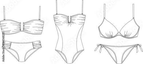 "Woman sustainable swimwear, technical drawing, template, sketch, flat, mock up. Recycled PA, Recycled PES, Lycra fabric swimwear front view, white color"	
