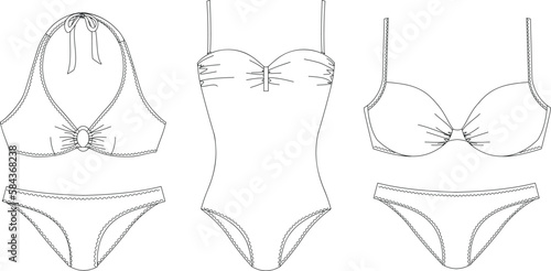 "Woman sustainable swimwear, technical drawing, template, sketch, flat, mock up. Recycled PA, Recycled PES, Lycra fabric swimwear front view, white color"	
