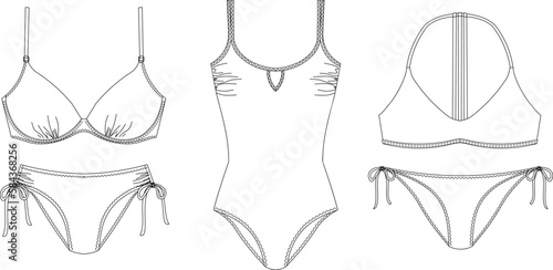 "Woman sustainable swimwear, technical drawing, template, sketch, flat, mock up. Recycled PA, Recycled PES, Lycra fabric swimwear front view, white color"	
